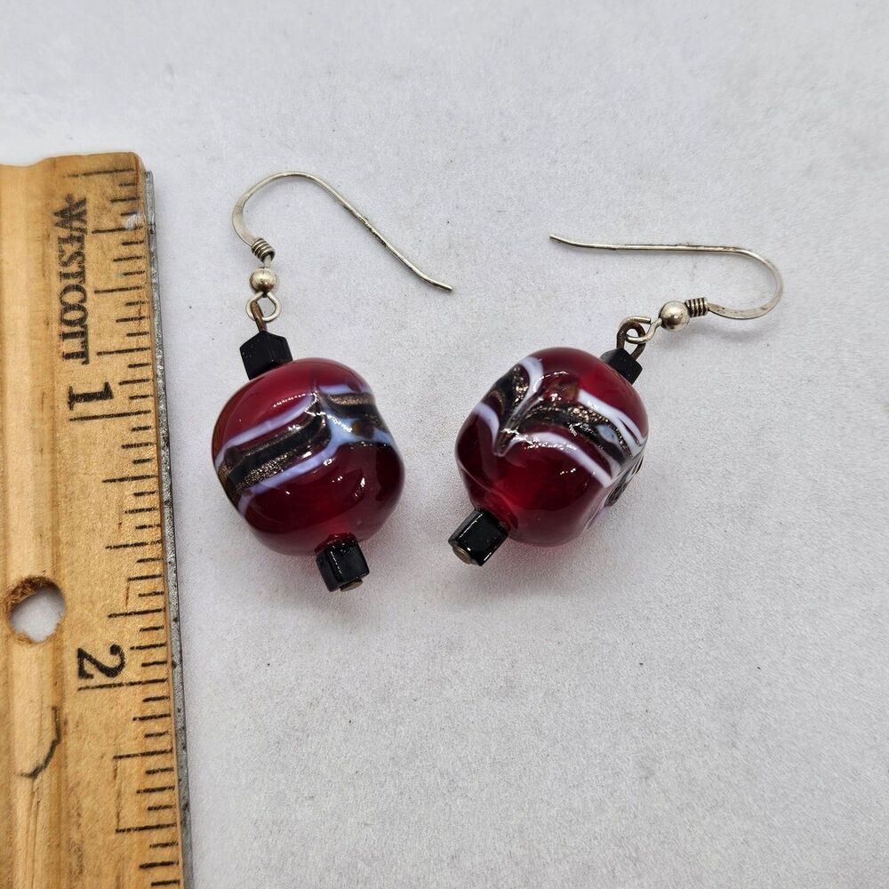 Sterling Silver and Glass Red, Black and White Dangle Earrings 925